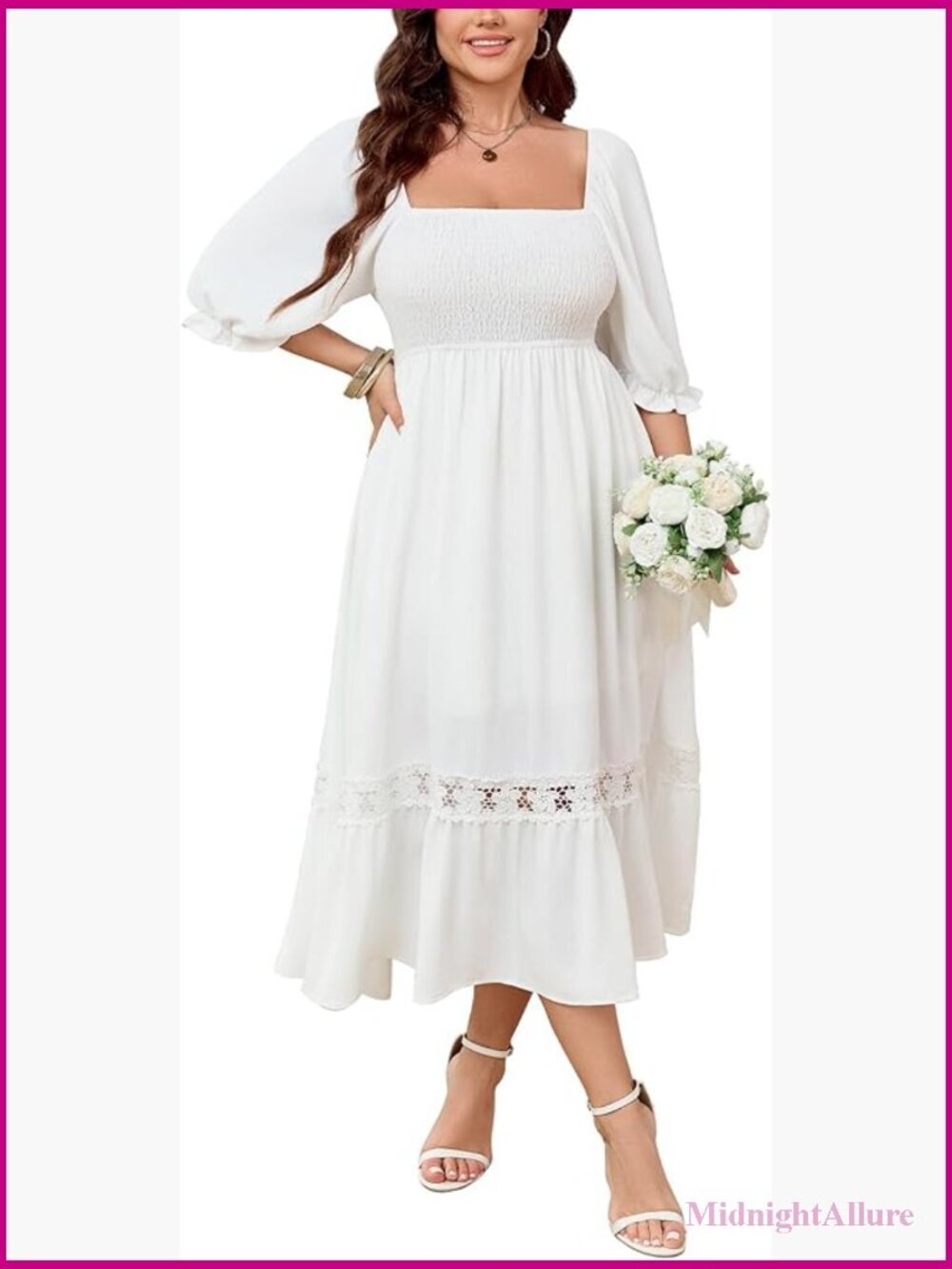 Plus Size Square Neck Smocked Maxi Dress with Lace Trim